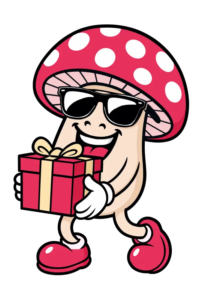 FreuDichPack Pilz mit Paket vor dem Koerper